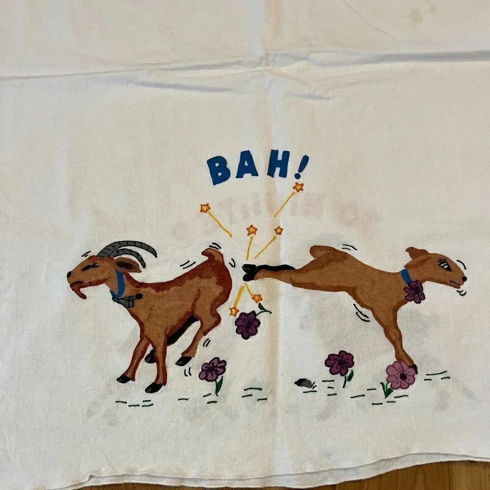 Vintage Hand Painted Set of 2 Pillow Cases W/Billy Goats